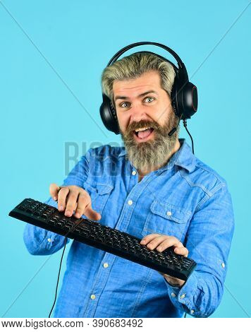 Works At Laptop. Professional Gamer Playing Computer Game. Chat Online. Online Video Game. Cyber Cha