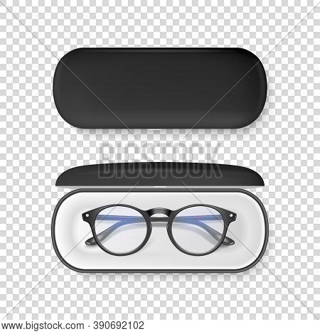 Vector 3d Realistic Plastic Round Black Rimmed Eye Glasses In Black Case Box Closeup Isolated On Ran
