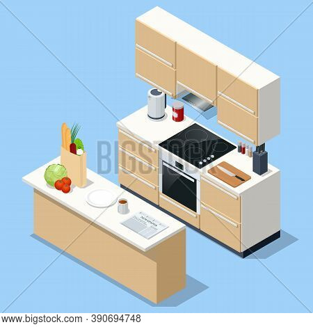 Isometric Minimalist Kitchen Room Interior With Dinning Furniture On A Floor. Interior Modern Kitche