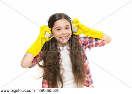 Girl Wear Headphones And Gloves For Cleaning. Listening Music And Cleaning House. Instead Of Procras
