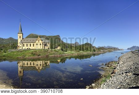 Vagan, Norway - July 1, 2018: Vågan Church- Lofoten Cathedral Is A Parish Church Of The Church Of No