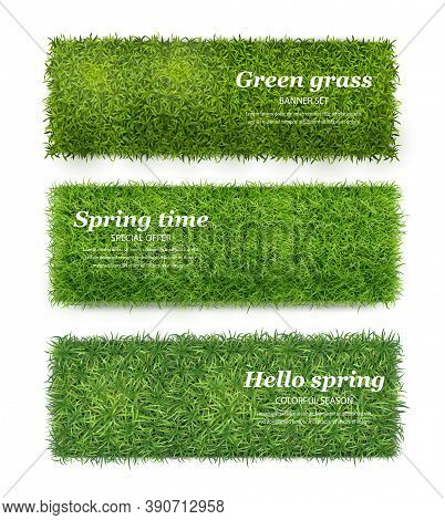 Green Grass Realistic Top View Spring Time Lawn Ground Cover 3 Horizontal Banners Set Isolated Vecto