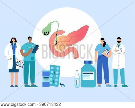 Pain, Inflammation And Stones In Pancreas. Gastrointestinal Clinic Logo. Doctor Appointment And Pati