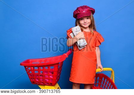 Little Girl On Shopping. Sale. Cute Kid With Many Dollars Shopping Bags. Portrait Of A Daughter In D
