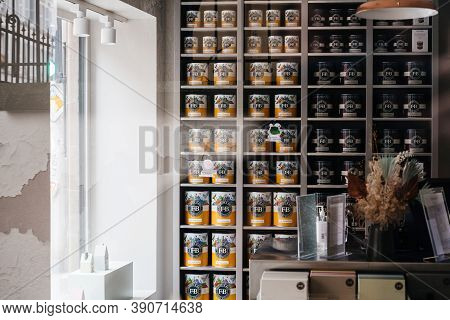 Paris, France - Oct 18, 2020: Multiple Farrow And Balls Luxury Paint Pots Inside The Modern Showroom
