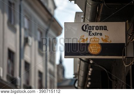 Belgrade, Serbia - August 9, 2020: Cerveza Corona Logo In Front Of A Local Retailer Bar In Belgrade.