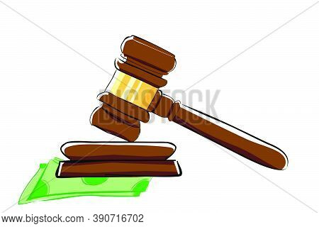 Illustration For Bribery Simple Vector Flat Color, Gavel And Money