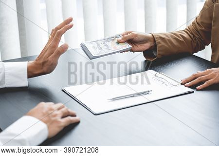 Businessman Partner Hand Gesture Rejecting Refusing Money, Anticorruption Concept