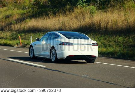 Allentown, Pennsylvania, U.s.a - October 17, 2020 - A White Tesla Model S Sedan All Electric Car On 