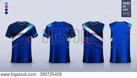 Blue T-shirt Mockup, Sport Shirt Template Design For Soccer Jersey, Football Kit. Tank Top For Baske