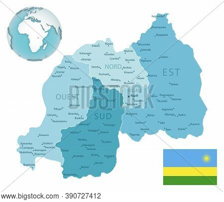 Rwanda Administrative Blue-green Map With Country Flag And Location On A Globe.