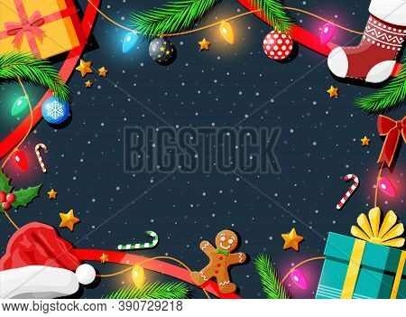 Christmas Greeting Card Background. Gift Boxes, Candycane, Holly, Sock, Hat, Gingerbread Man, Ball F