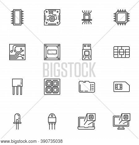 Computer Microchip Line Icons Set, Outline Vector Symbol Collection, Linear Style Pictogram Pack. Si