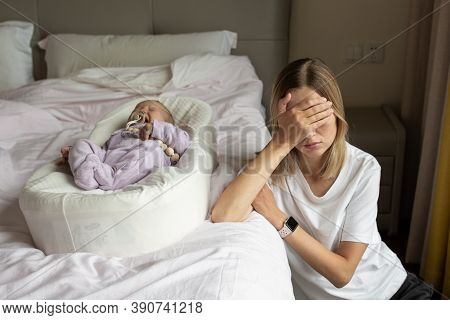 Tired Mother Suffering From Experiencing Postnatal Depression. Health Care Mom Motherhood Stressful.
