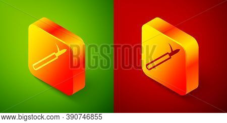 Isometric Metal Pike Pole With Wooden Handle Icon Isolated On Green And Red Background. Spear, Picka