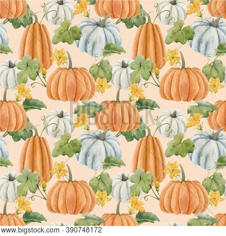 Beautiful Autumn Vector Seamless Pattern With Watercolor Pumpkin Vegetables, Leaves And Flowers . St