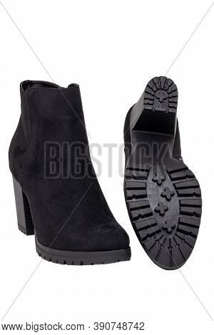 Leather Shoes Isolated. Close-up Of A Pair Of Black Classic Elegant Female Suede Shoes Isolated On A