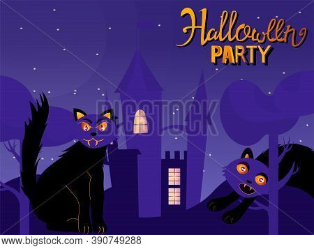 Halloween Holiday Greeting Card With Cats, Chostly Castle And Scary Landscape. Vector Illustration. 