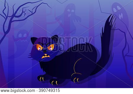 Halloween Holiday Greeting Card With Cat In Scary Wood. Vector Illustration. Trick Or Treat Concept.