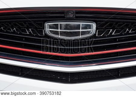 Russia, Izhevsk - August 14, 2020: Geely Showroom. Logo Of Geely On Bumper Of Coolray Car. Car Manuf