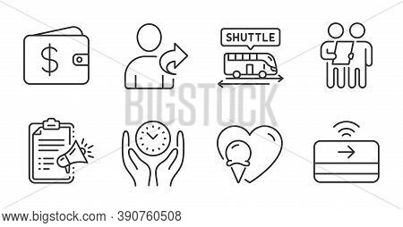 Dollar Wallet, Ice Cream And Refer Friend Line Icons Set. Shuttle Bus, Safe Time And Contactless Pay
