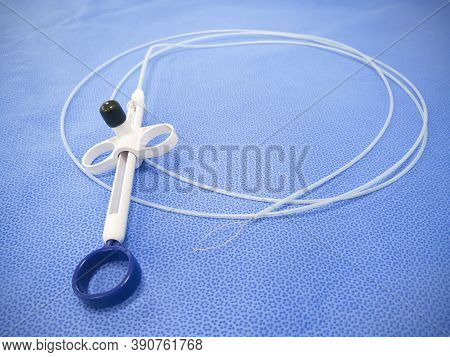 Medical Endoscopic Instrument Single Use Polypectomy Snare. Selective Focus.