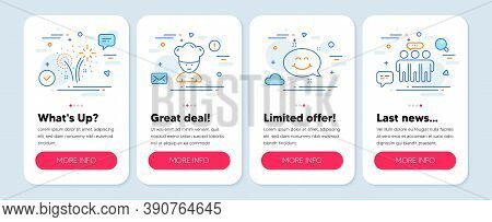 Set Of Business Icons, Such As Fireworks, Cooking Chef, Smile Chat Symbols. Mobile Screen Mockup Ban