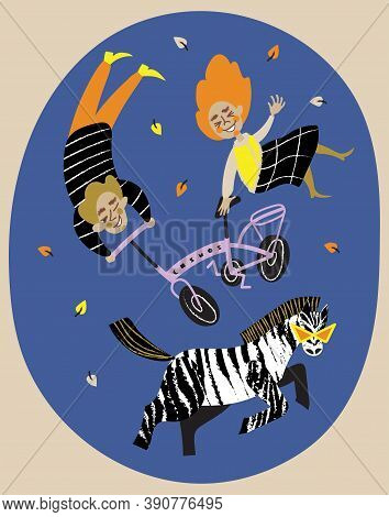 Cartoon Illustration Of Children Riding A Bike Next To A Zebra In Autumn
