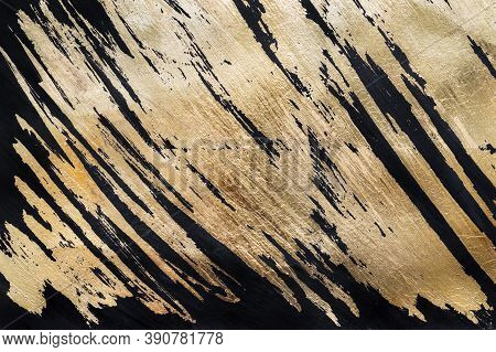 Gold Potal Background Or Texture. Abstract Shining Brush Strokes On Black