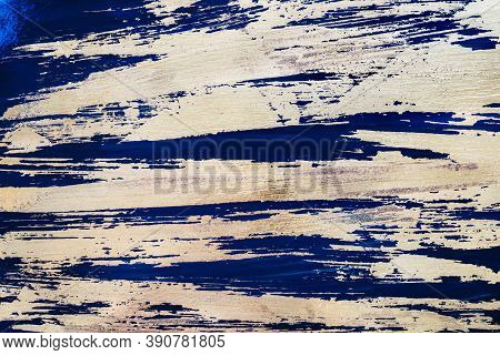 Gold Potal Background Or Texture. Abstract Shining Brush Strokes On Blue