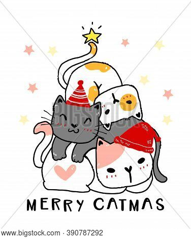 Merry Christmas And A Happy New Year. Cat Christmas Tree, Stack Of Cute Naughty Cats Wear Red Scarf 