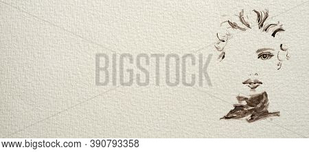 Poster With Beautiful Woman Abstract Hand Drawn Watercolor Portrait With One Assymetric Eye And Copy