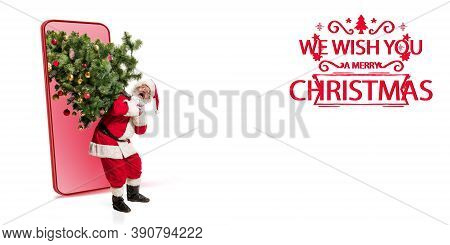 Emotional Santa Claus Greeting With New Year 2021 And Christmas. Caucasian Man In Traditional Costum