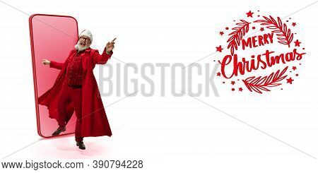 Emotional Santa Claus Greeting With New Year 2021 And Christmas. Caucasian Man In Traditional Costum