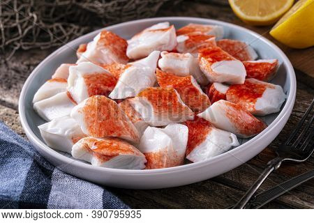 A Plate Of Flake Style Surimi Crab Flavored Pollock.