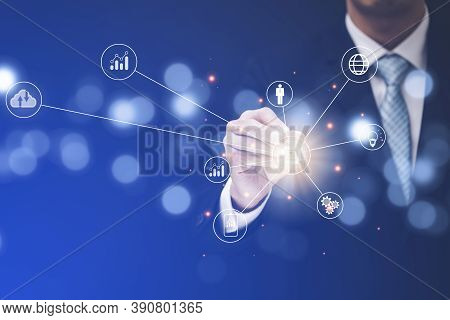 Businessman Touchscreen Hr Human ,people Icon On The Graph Screen Of A Media Screen, Technology Proc
