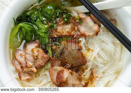 Top View Bowl Of Bbq Prok With Rice Noodles