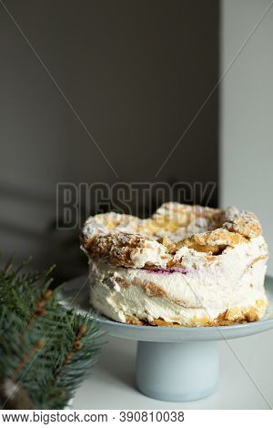Polish Carpathian Mountain Cream Cake On Blue Ceramic Cake Stand. Homemade Karpatka.