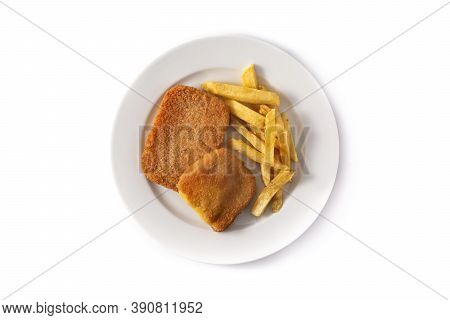 San Jacobo Steak Filled With Cheese And Ham Isolated On White Background. Top View