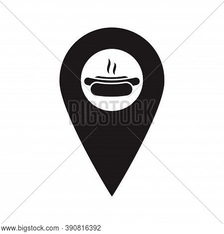 Black Map Pointer With Hot Dog Icon Inside. Fast Food Restaurant Marker. A Place To Eat. You Are Her