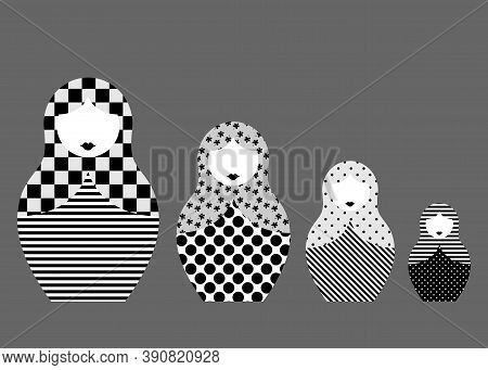 Russian Nesting Dolls Matrioshka, Set Icon Symbol Of Russia, Geometric Pattern In Black And White St