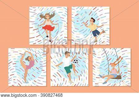 Set Of Cards With Kids. Children Play Sports, Summer Activity Of Schoolchildren. Kids Walk In The Su