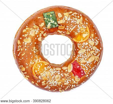 Christmas Fruit Cake  Isolated On White Background. Epiphany Cake Roscon De Reyes Top View