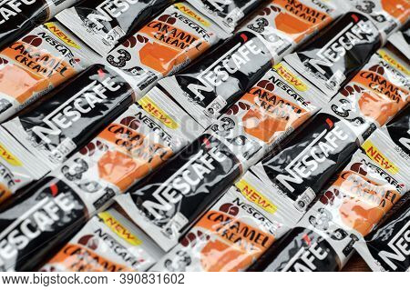 Many Nescafe Caramel Cream Coffee Sticks. Nescafe Is A Brand Of Coffee Made By Nestle, Swiss Multina