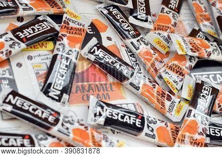 Many Nescafe Caramel Cream Coffee Sticks. Nescafe Is A Brand Of Coffee Made By Nestle, Swiss Multina