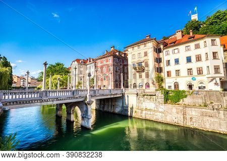 Cobblers Bridge During A Sunny Day In Ljubljana, Slovenia