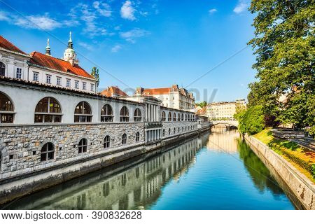 Ljubljana City Center During A Sunny Day Overlooking Lublanka River, Slovenia
