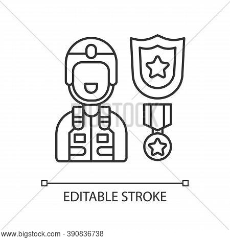 Defence Industry Linear Icon. Military Officer. Armed Forces. Weapons And Military Technology. Thin 