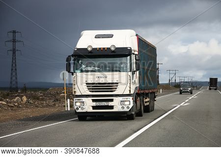 Murmansk Region, Russia - August 17, 2020: White Semitrailer Truck Iveco Stralis As500 At The Interu