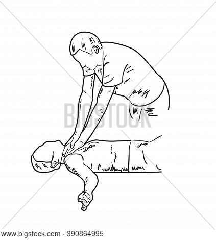 Man Commits Crime, Strangles A Woman. Sketch, Vector Illustration